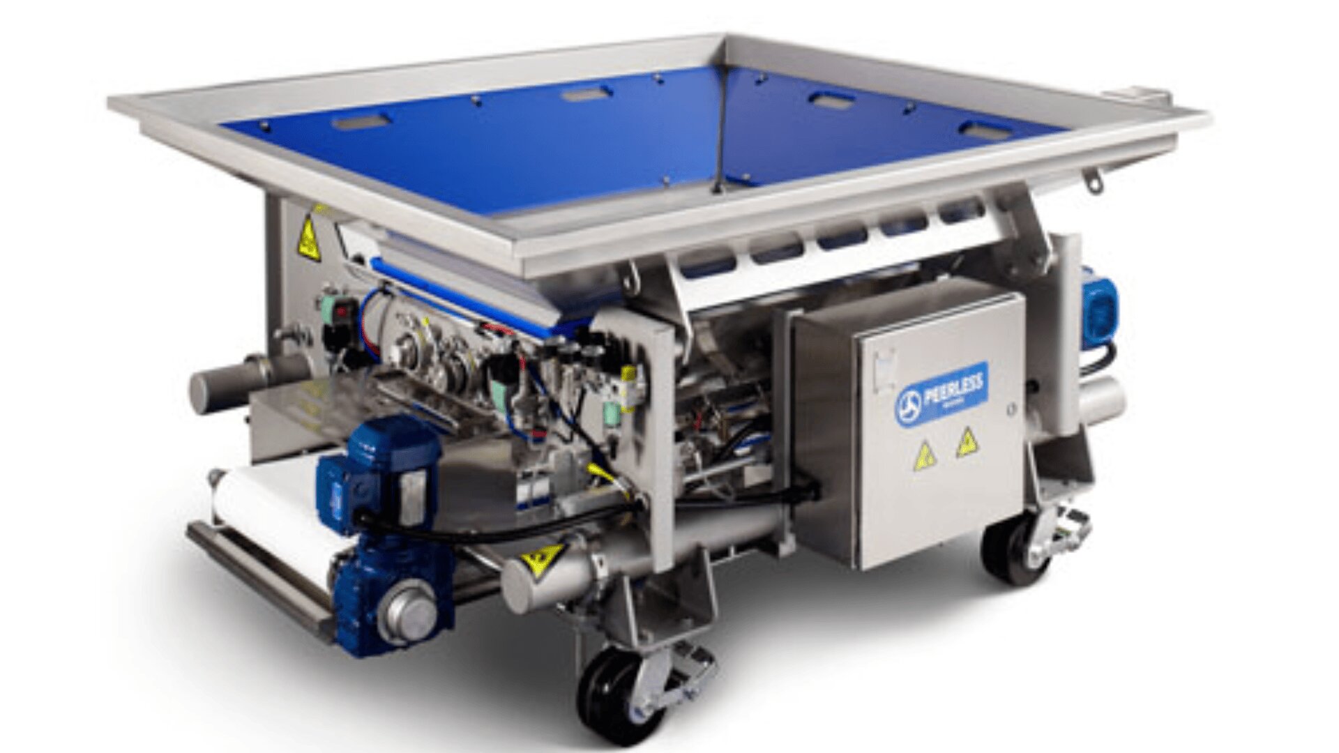 A stainless steel industrial machine with wheels, control panels, and exposed wiring, featuring a blue top cover and the Peerless brand logo, designed for food or material processing.