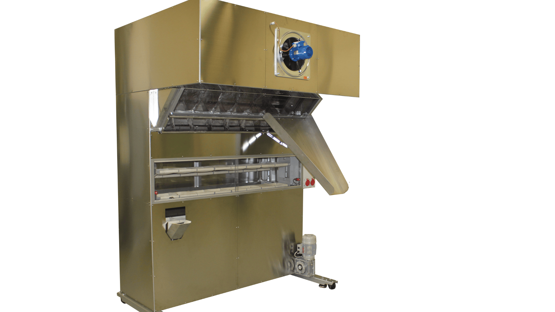 A large industrial stainless steel machine with a chute, control panel, and various compartments, used for food or material processing, standing on wheels against a white background.