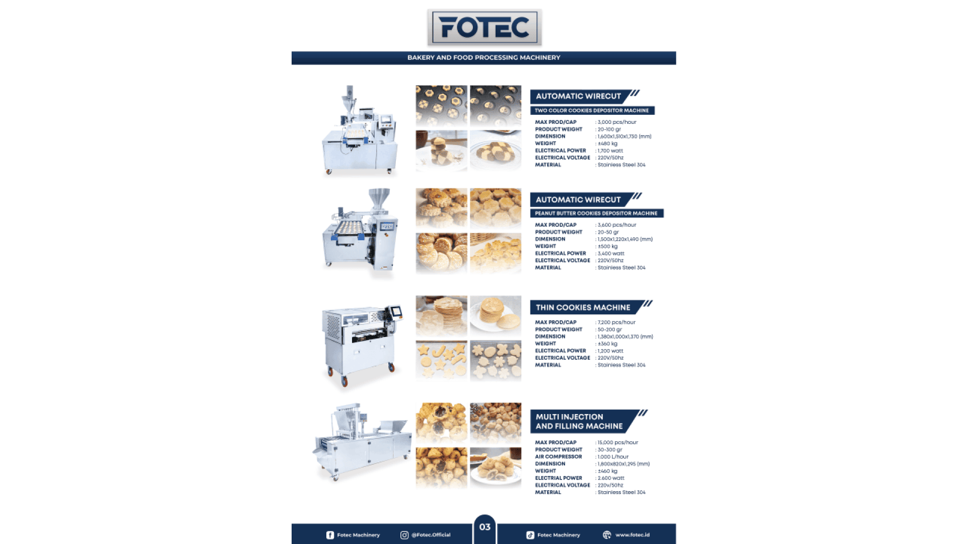Product catalog page for FOTEC bakery and food processing machinery, featuring images and details of three machines: automatic wirecut, twin cookies machine, and multi-injection and filling machine, with sample baked goods.