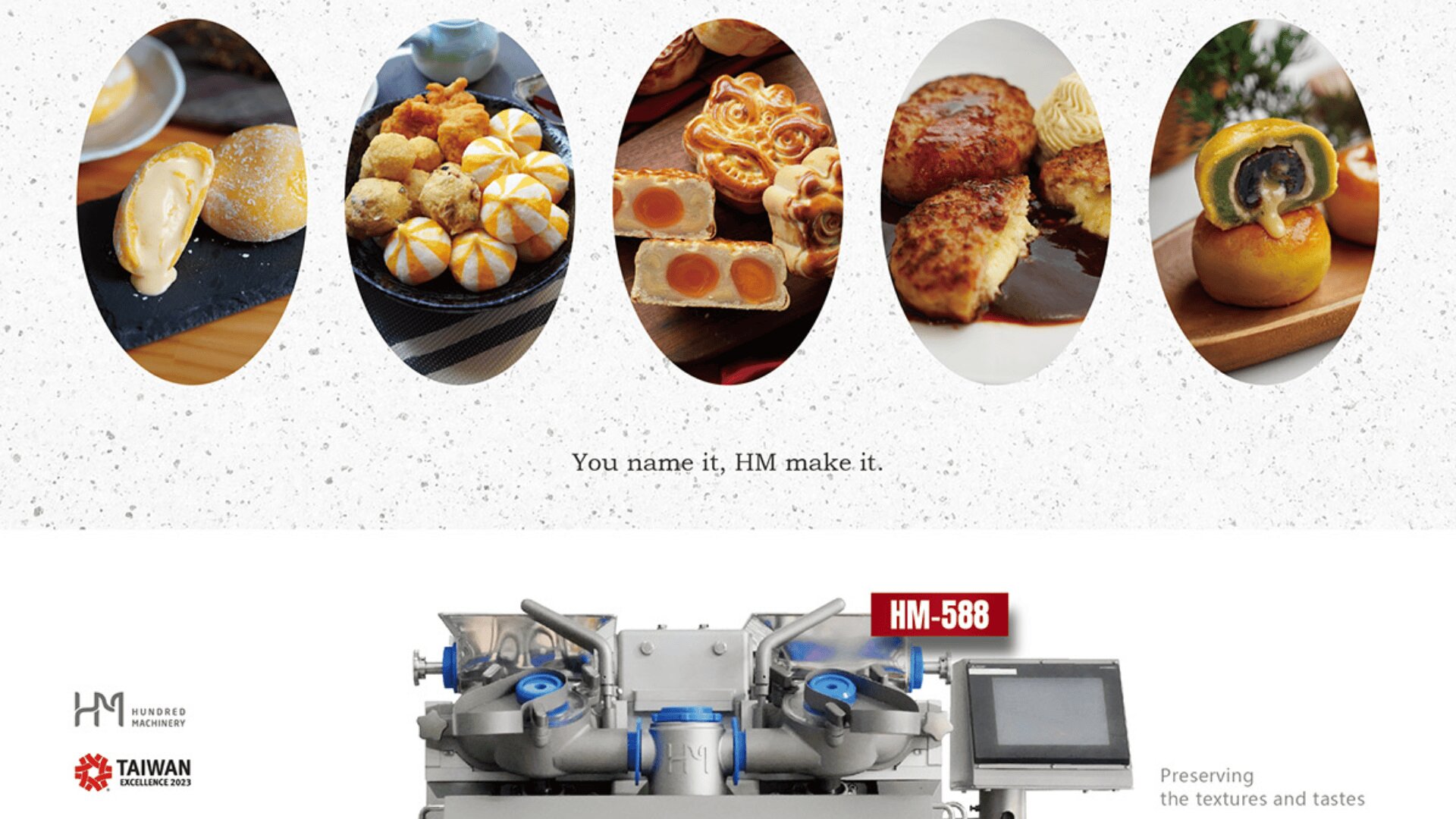 In fünf ovalen Rahmen sind verschiedene Backwaren und Fleischsorten abgebildet, darunter Kekse, Mondkuchen und gefüllte Hühner. Darunter steht eine industrielle Lebensmittelmaschine mit der Aufschrift HM-588 und dem Slogan You name it, HM make it.