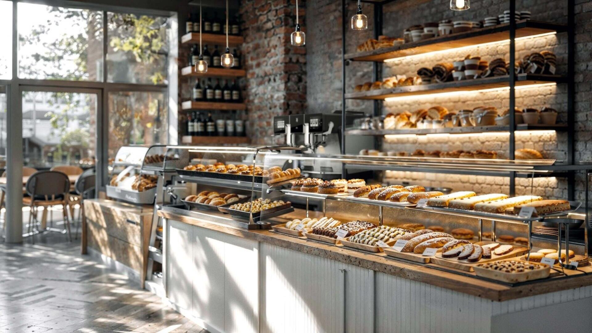 A sunlit bakery with shelves and display cases filled with assorted breads, pastries, and baked goods. Pendant lights hang from the ceiling, and large windows bring in natural light. Tables and chairs are visible in the background.