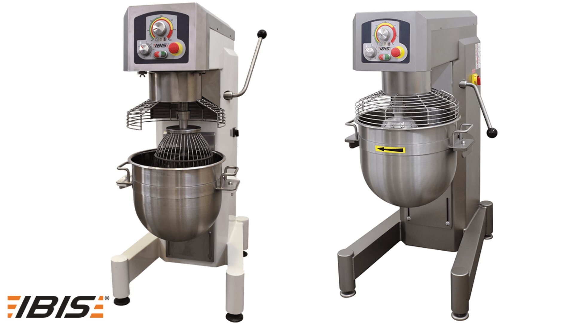 Two large industrial stand mixers with control panels and metal mixing bowls are shown side by side. The machines are gray and white, branded with the IBIS logo in the bottom left corner.