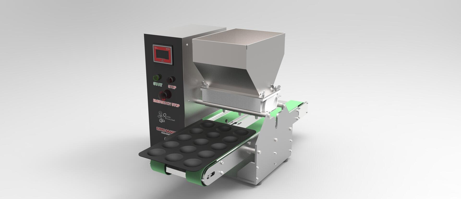 A metal and plastic automated machine designed to dispense batter into a black tray with multiple round molds, featuring control buttons, a digital display, and a conveyor belt system on a light gray background.
