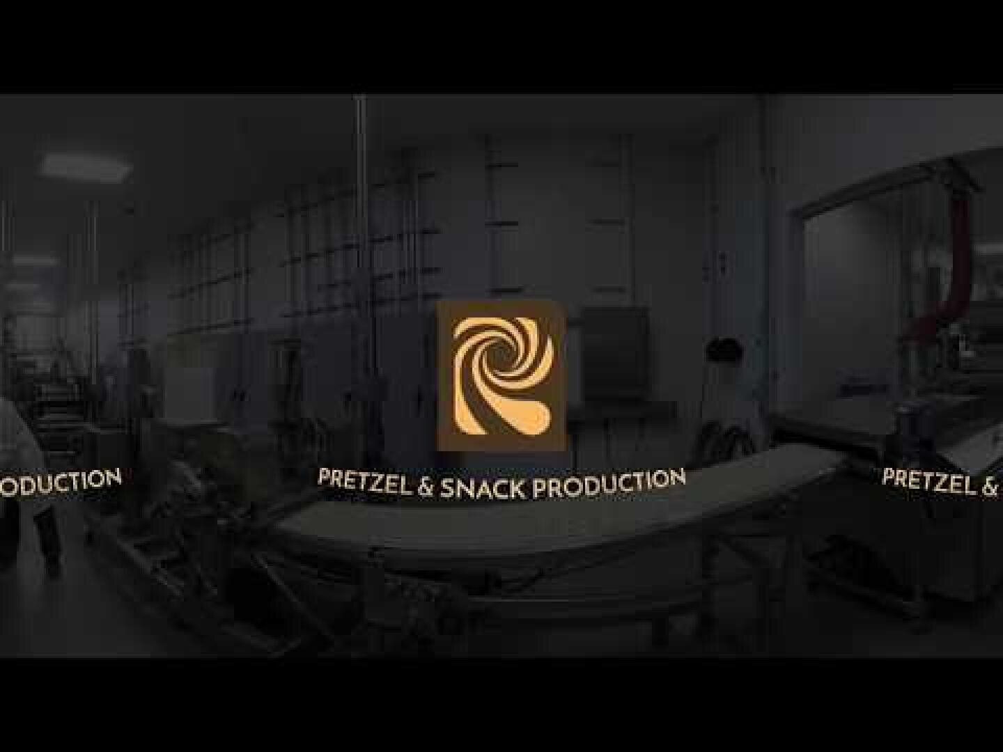 A factory for the production of pretzels and snacks with industrial equipment and conveyor belts. The lettering "Pretzel & Snack Production" and a spiral logo are centered above the image.