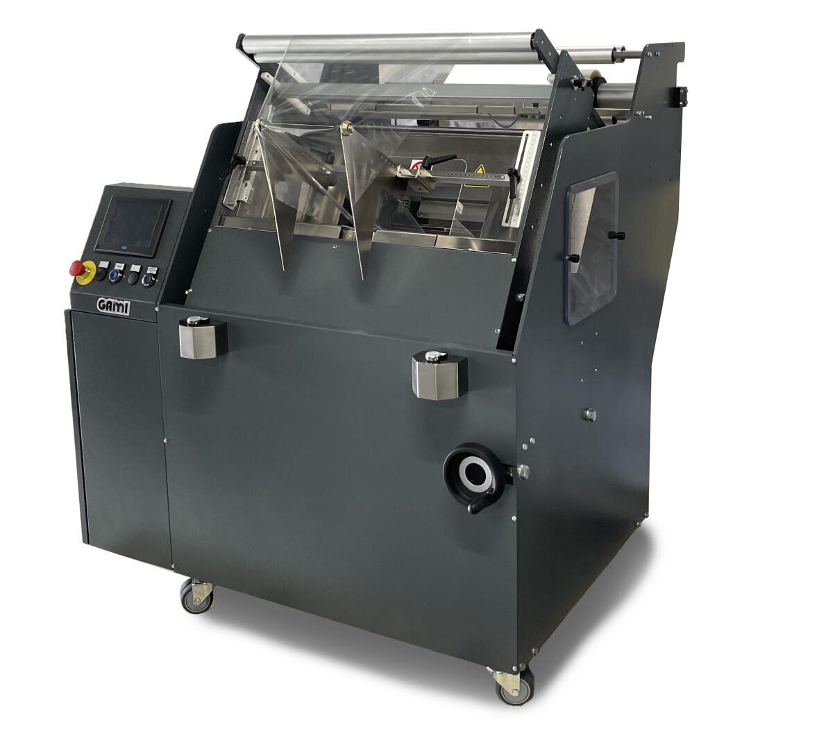 A large, industrial pasta machine with a touchscreen control panel, clear protective covers, and stainless steel components, mounted on wheels for mobility.