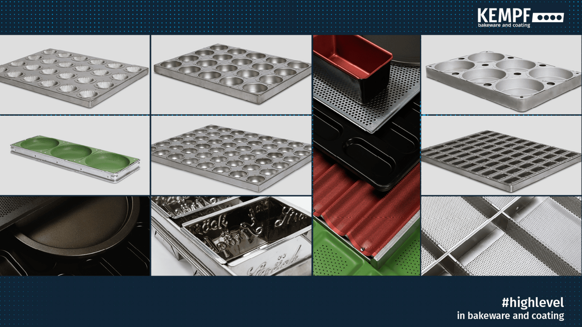 Eine Collage verschiedener industrieller Backbleche und -formen in unterschiedlichen Formen, Größen und Farben, darunter Silber, Rot und Grün, mit dem KEMPF-Logo und dem Hashtag #highlevel in bakeware and coating.