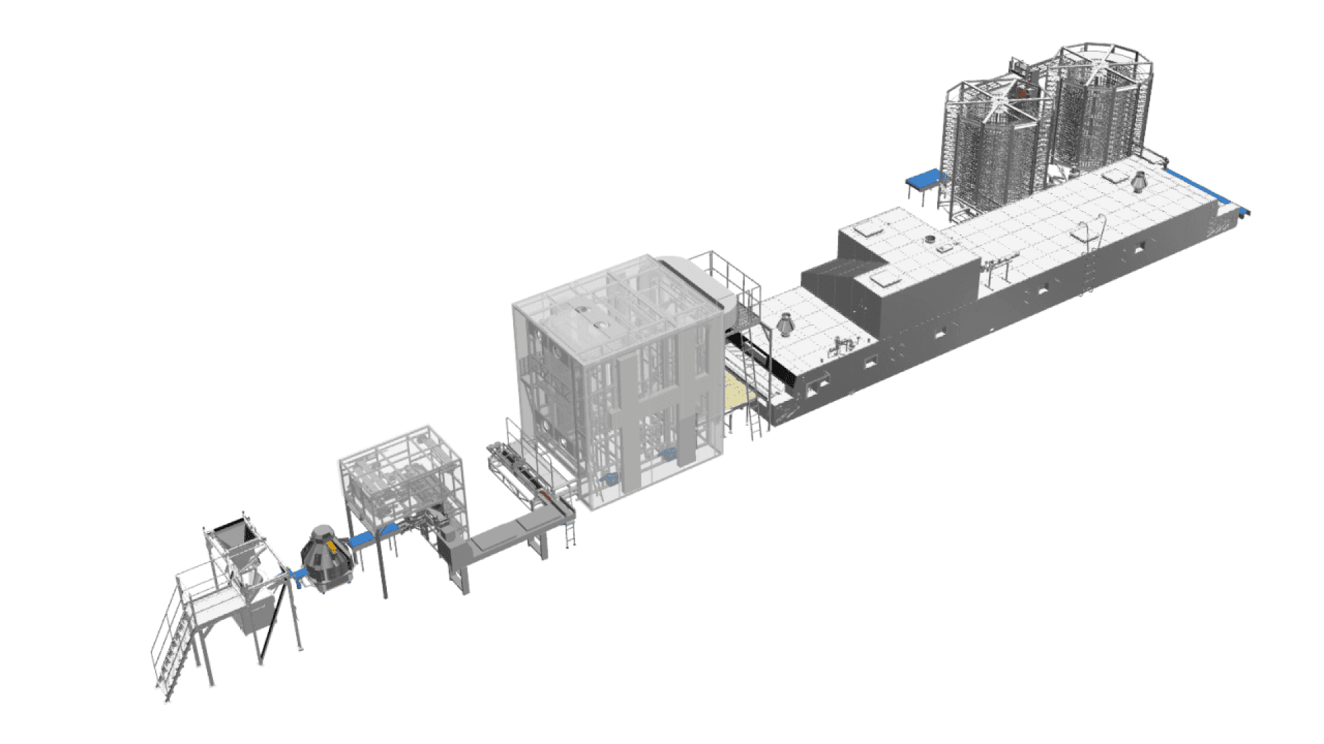 3D-Rendering einer industriellen Fertigungsstraße mit verschiedenen miteinander verbundenen Bearbeitungsmaschinen, Plattformen, Treppen, Tanks und Förderbändern, die in einem linearen Layout angeordnet sind.