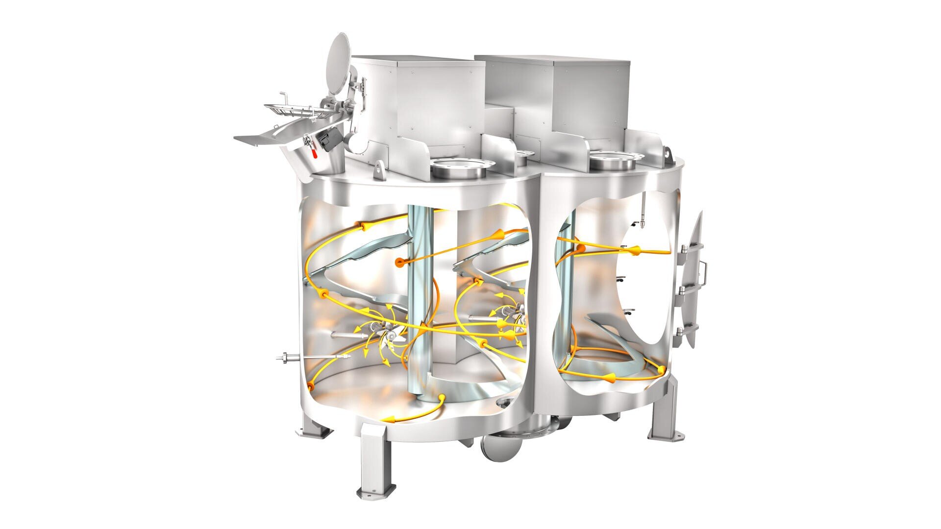 Die Schnittansicht einer industriellen Mischmaschine zeigt die internen Schaufeln und Fließwege, die veranschaulichen, wie die Materialien in der zylindrischen Metallkammer zirkulieren und gemischt werden.