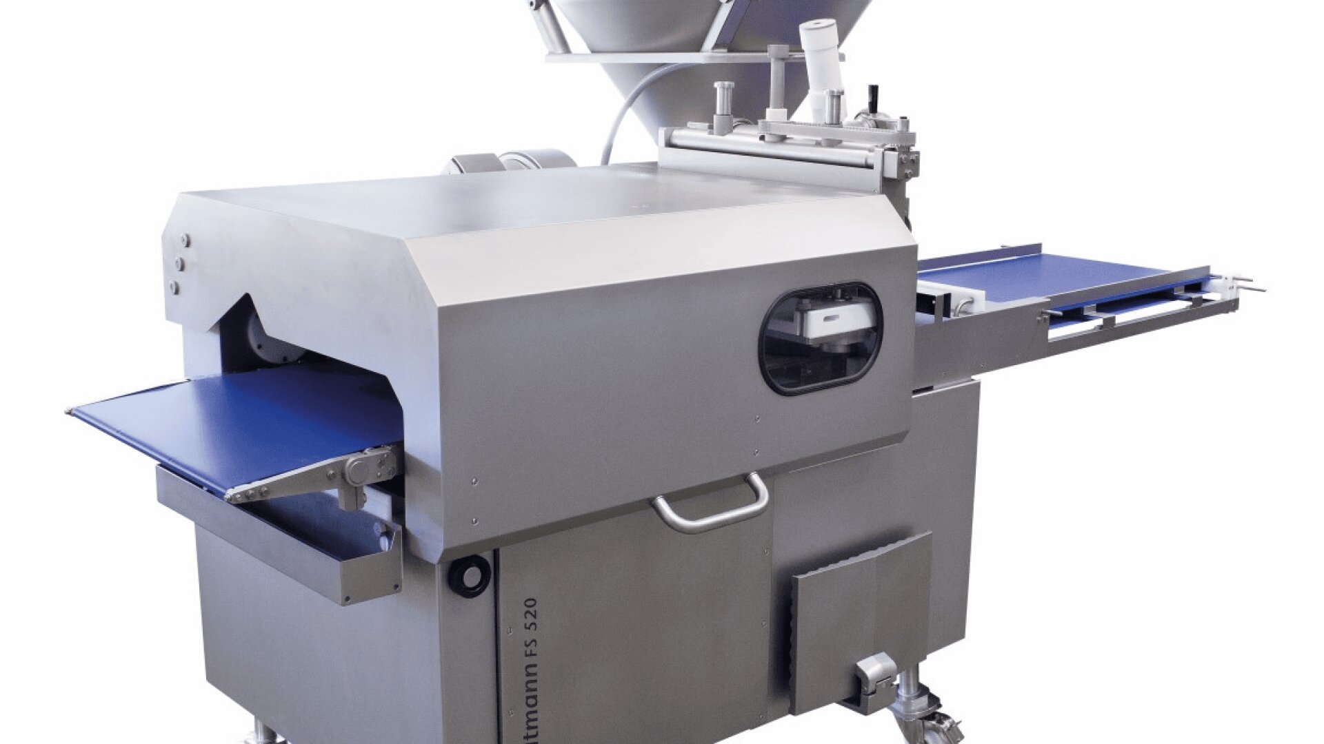 A large industrial food processing machine with metallic surfaces, conveyor belts, and a hopper on top, designed for automated production in factories. The machine is labeled Frittmanni FS 520.