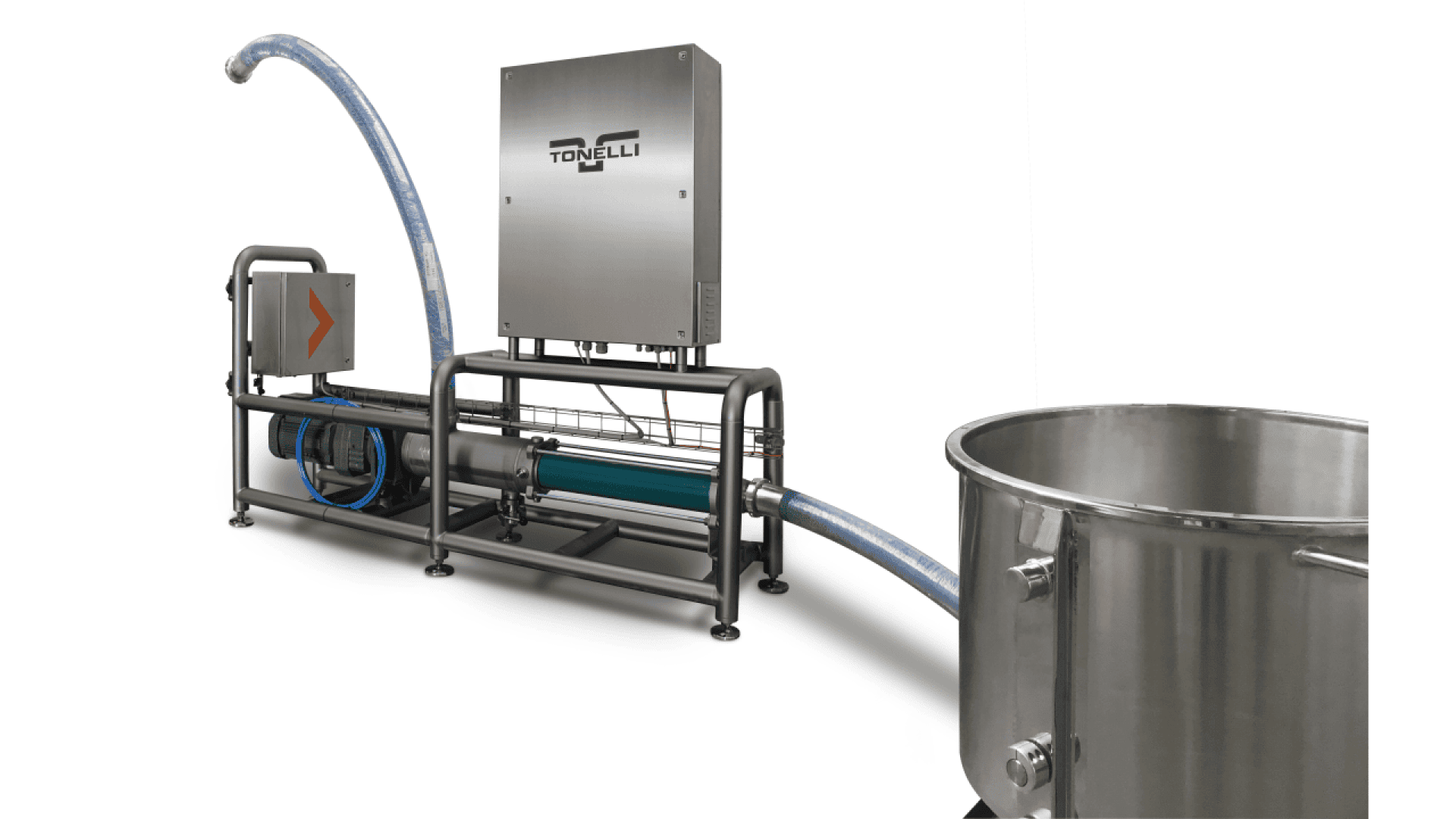 Eine industrielle Lebensmittelverarbeitungsmaschine aus Edelstahl mit Rohren und einem großen Mischbehälter mit der Aufschrift Tonelli vor einem weißen Hintergrund.