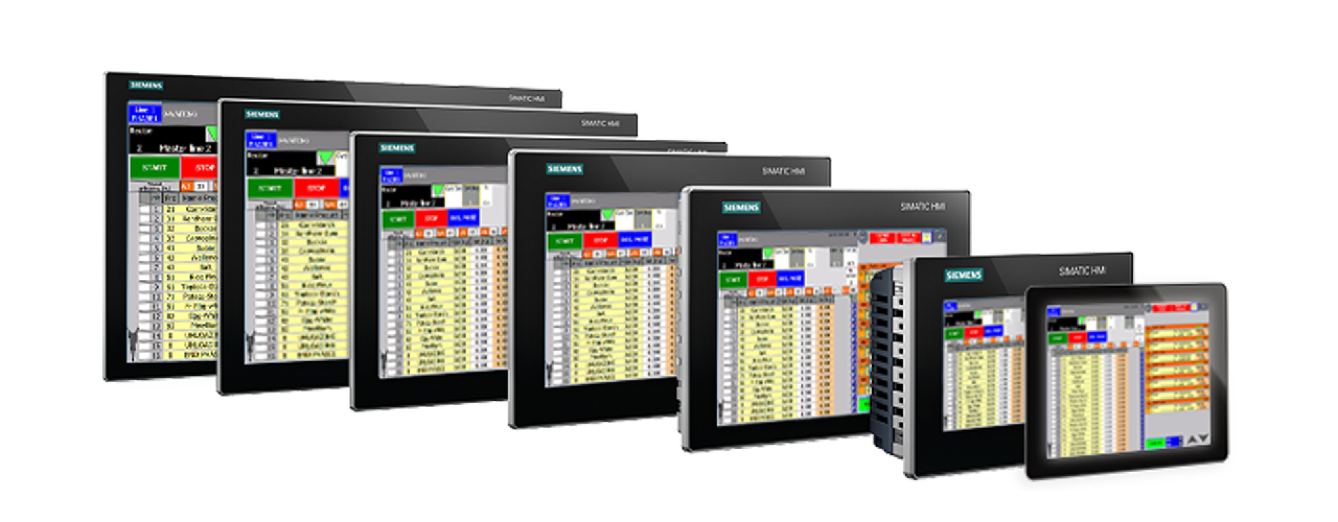A lineup of seven Siemens SIMATIC HMI touchscreen panels of varying sizes displays colorful control interfaces with charts, buttons, and data against a plain white background.