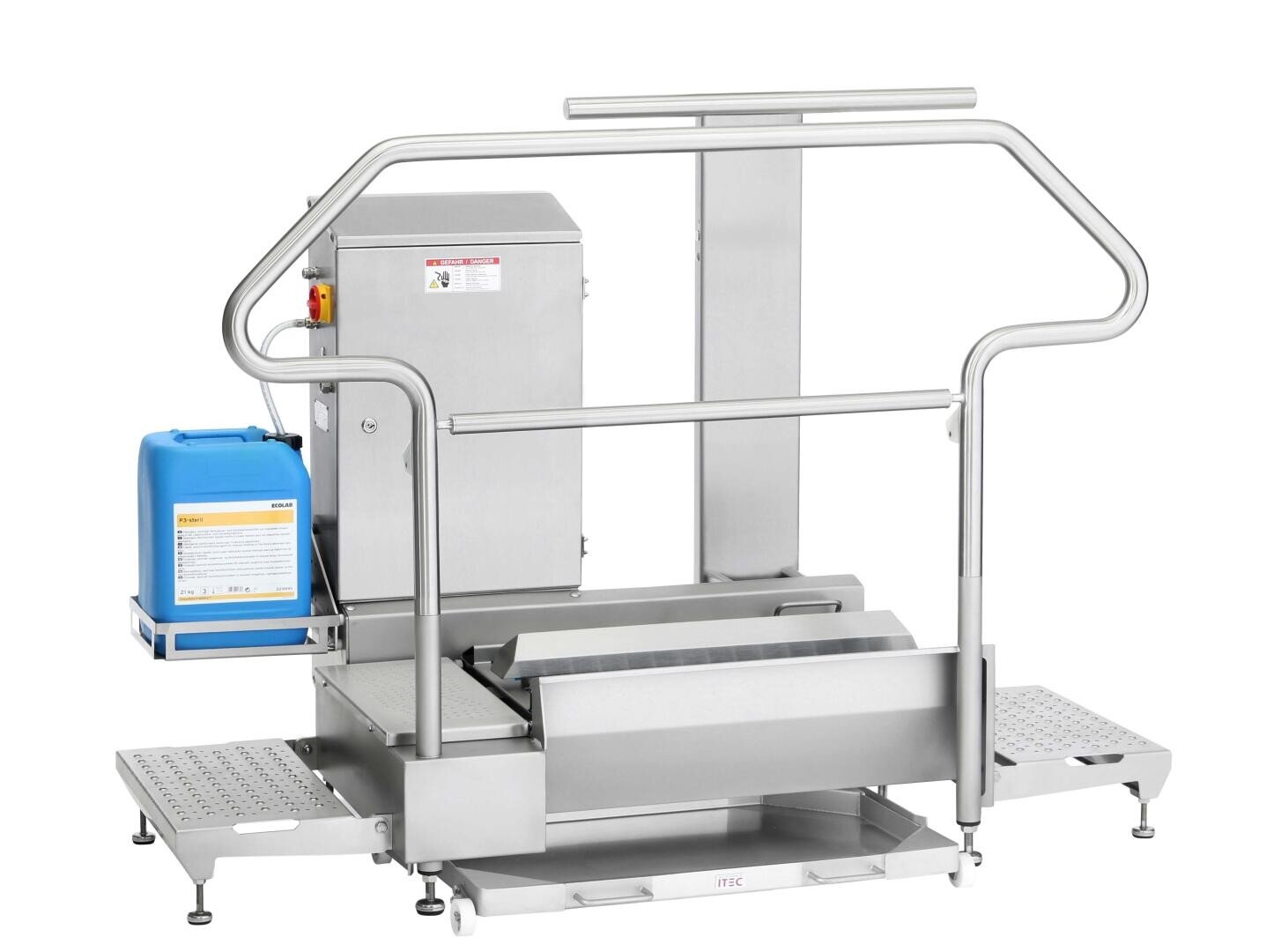 A stainless steel industrial hand and shoe cleaning station with safety rails, a blue detergent container, foot platforms, and a central cleaning unit. The device is designed for hygiene in food processing or cleanroom environments.