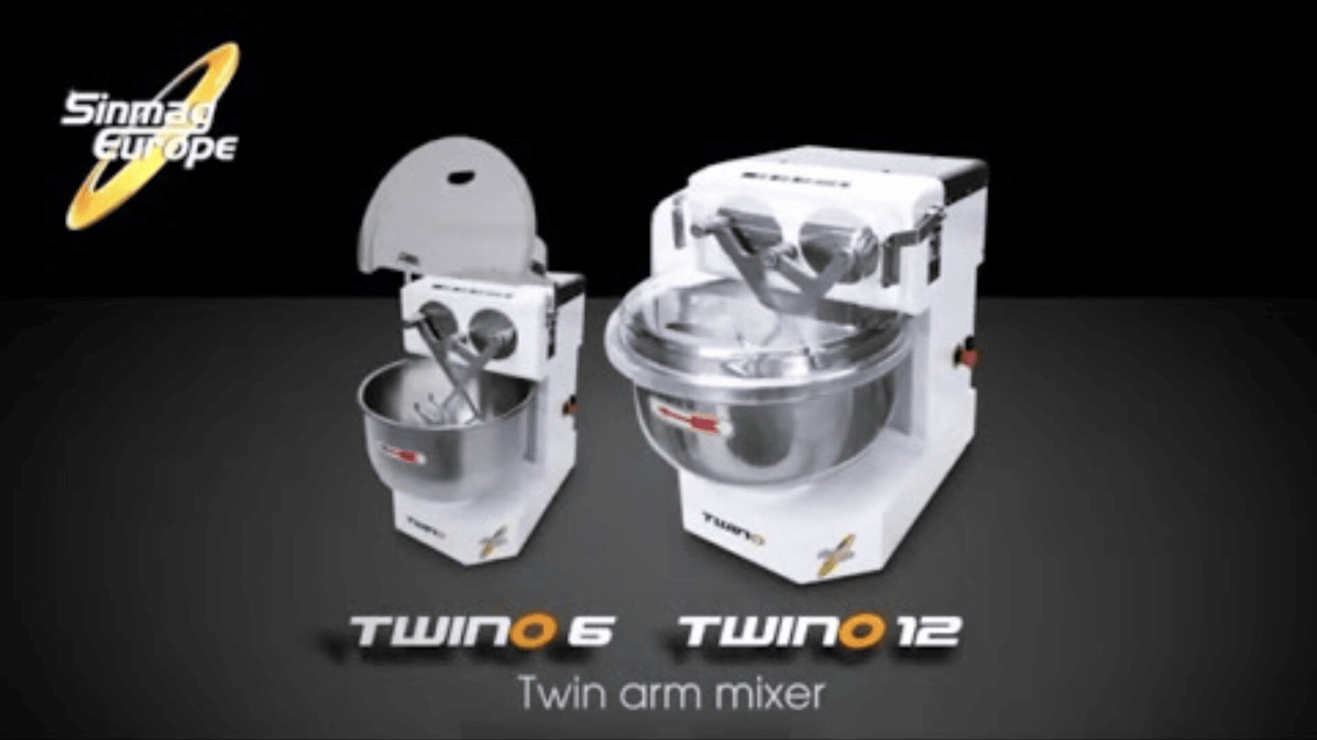 Two industrial twin arm mixers, labeled Twin 6 and Twin 12, are displayed. Both have stainless steel mixing bowls and white housings, with Sinmag Europe branding in the top left corner. Text: Twin arm mixer.