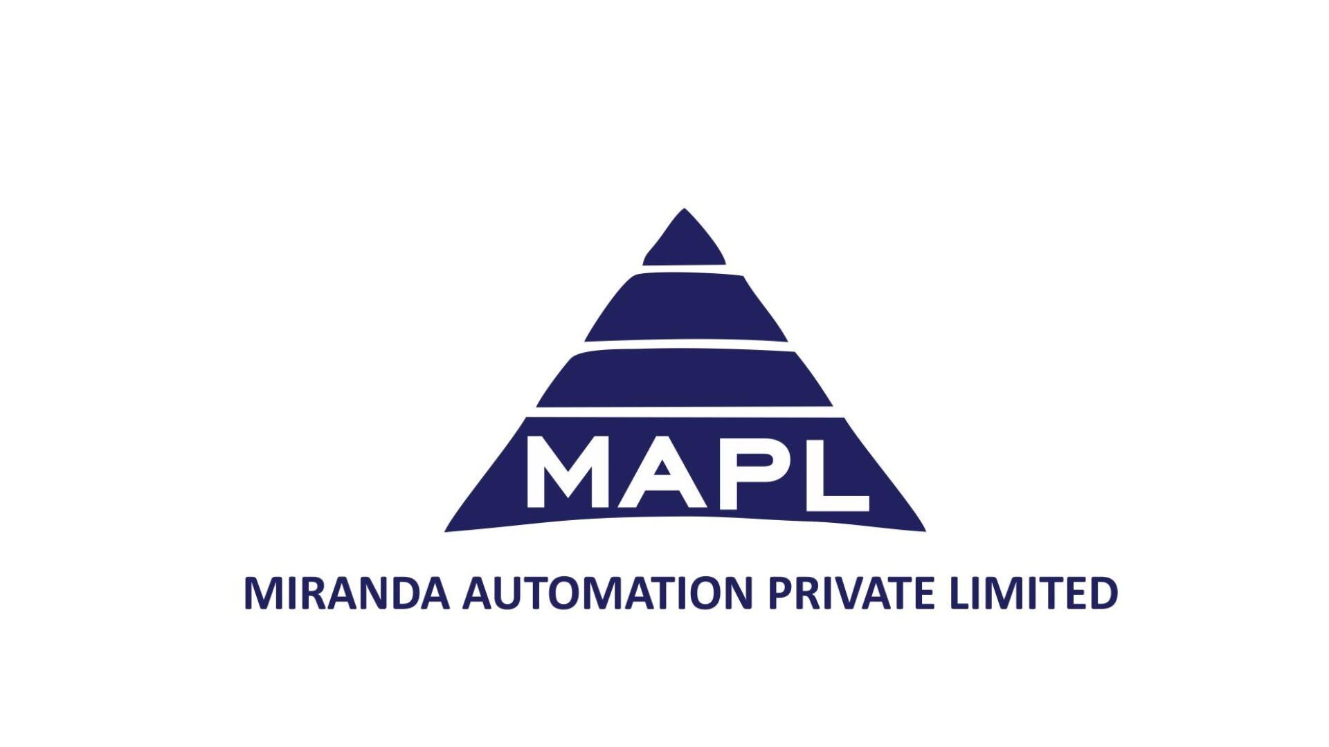 A blue triangular logo with three horizontal stripes and the letters MAPL inside. Below the triangle, the text reads MIRANDA AUTOMATION PRIVATE LIMITED in blue uppercase letters.