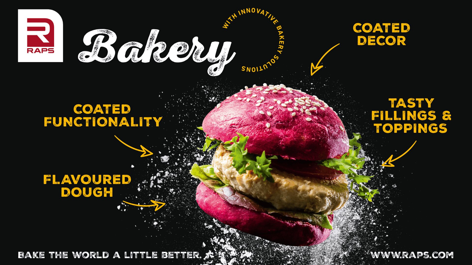 A vibrant burger with a pink bun, sesame seeds, green lettuce, and a patty, surrounded by text highlighting coated decor, functionality, tasty fillings, toppings, and flavoured dough. RAPS Bakery branding appears on the left.
