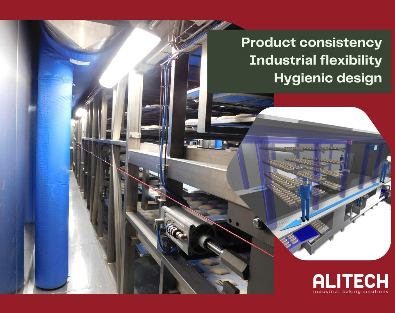 A modern industrial baking facility with metal racks, blue ducting, digital controls, and a computer rendering of an automated dough processing line. Text highlights product consistency, flexibility, and hygienic design.