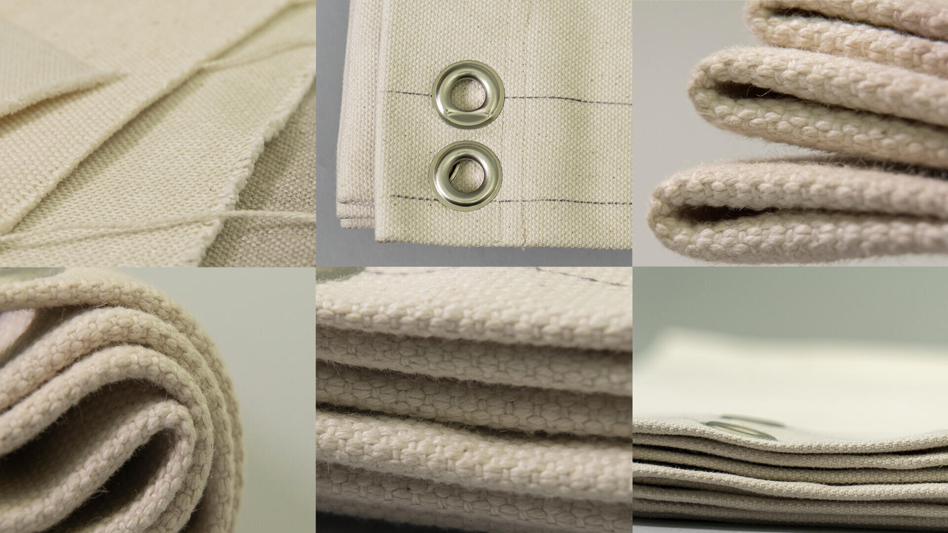 Close-up collage of folded beige canvas fabric with visible texture, metal grommets, and stitched edges, emphasizing the material’s weave and sturdy construction.