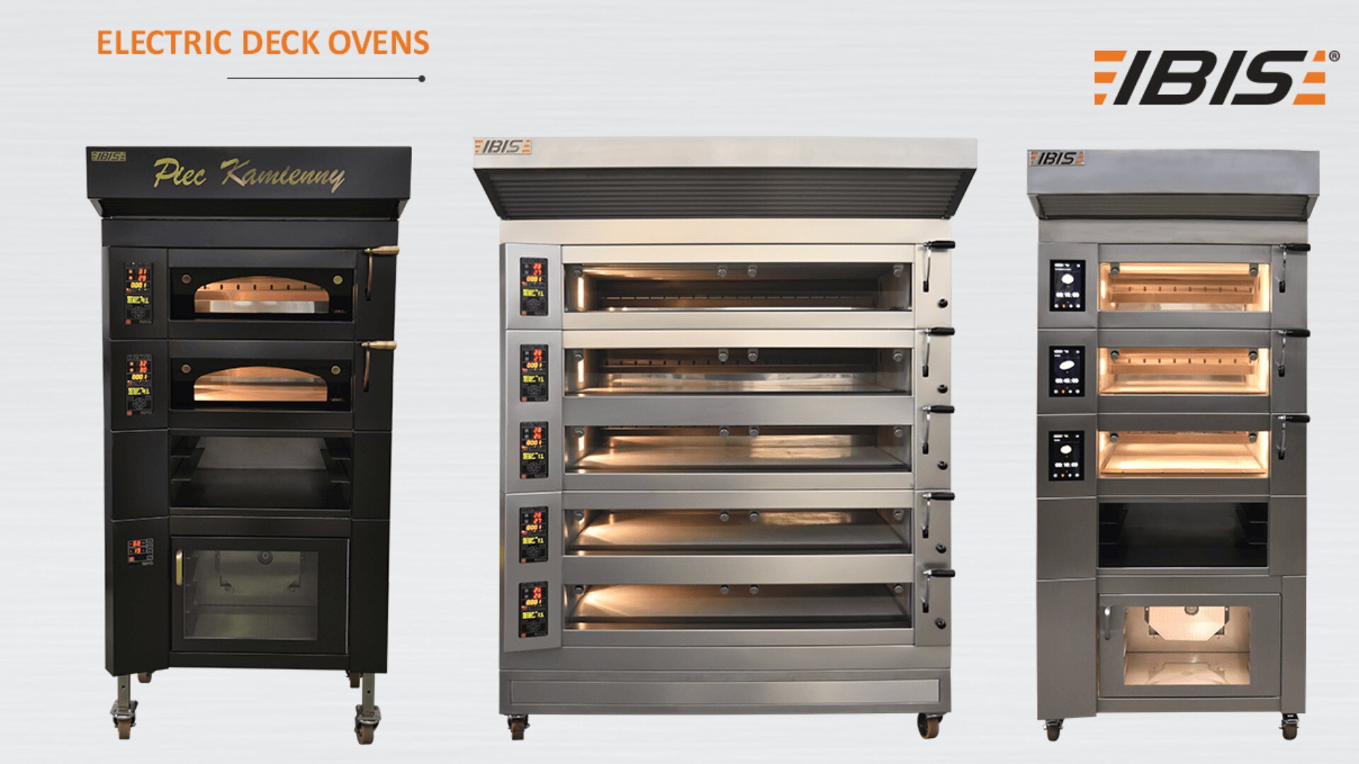 Three electric deck ovens are displayed against a light background, with the brand name IBIS and the text ELECTRIC DECK OVENS above. The ovens vary in size and number of baking chambers.