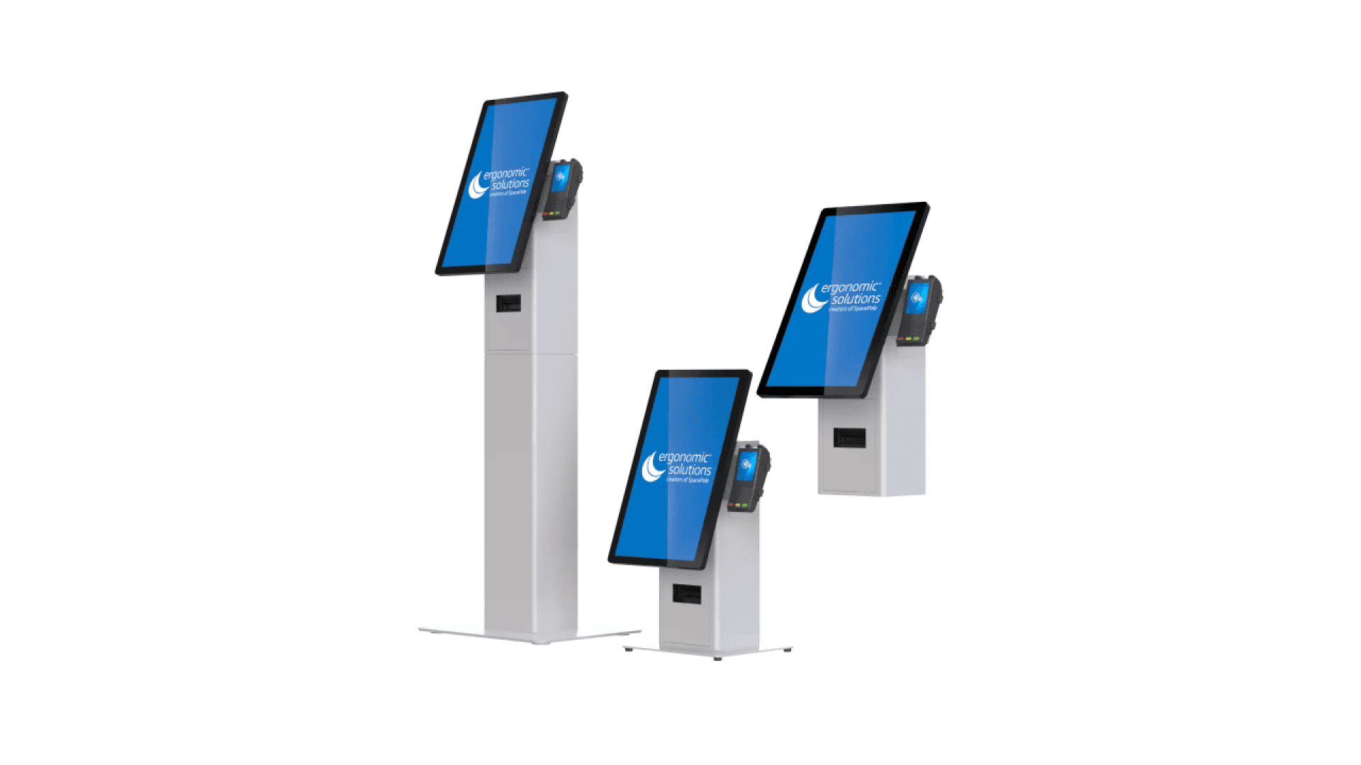 Three interactive touchscreen kiosks with card readers, featuring blue screens displaying the Koomonic Solutions logo, are shown in different heights on a white background.
