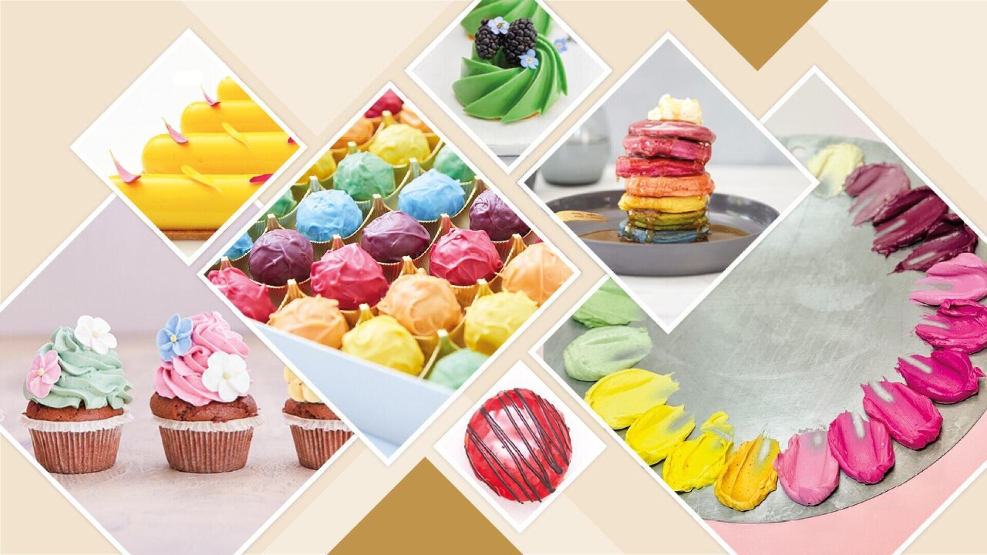 A collage of colorful desserts, including cupcakes with pastel frosting, rainbow cream puffs, stacked colorful pancakes, a fruit-topped tart, and vibrant meringue cookies arranged in a circle.