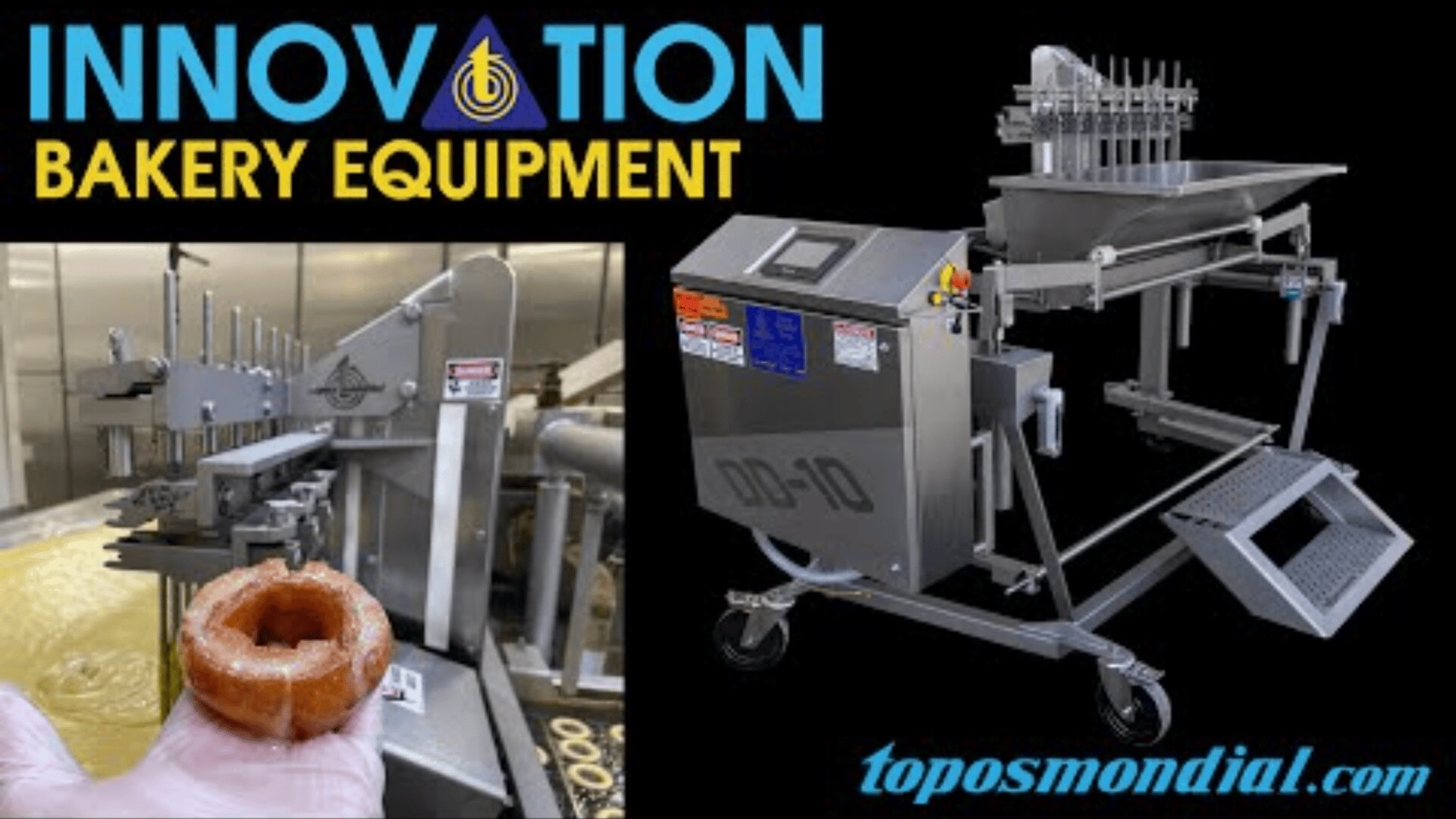 Eine kommerzielle Donut-Maschine wird mit einer Nahaufnahme einer Person gezeigt, die einen Donut hält. Der Text lautet "Innovation Bakery Equipment" und "toposmondial.com".