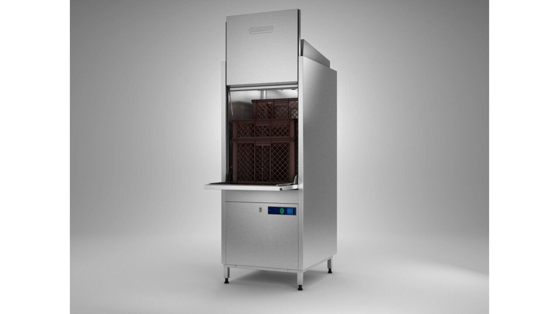 A commercial stainless steel dishwasher with its front door open, showing brown dish racks inside. The machine has a control panel with blue buttons on the front. The background is plain and gray.