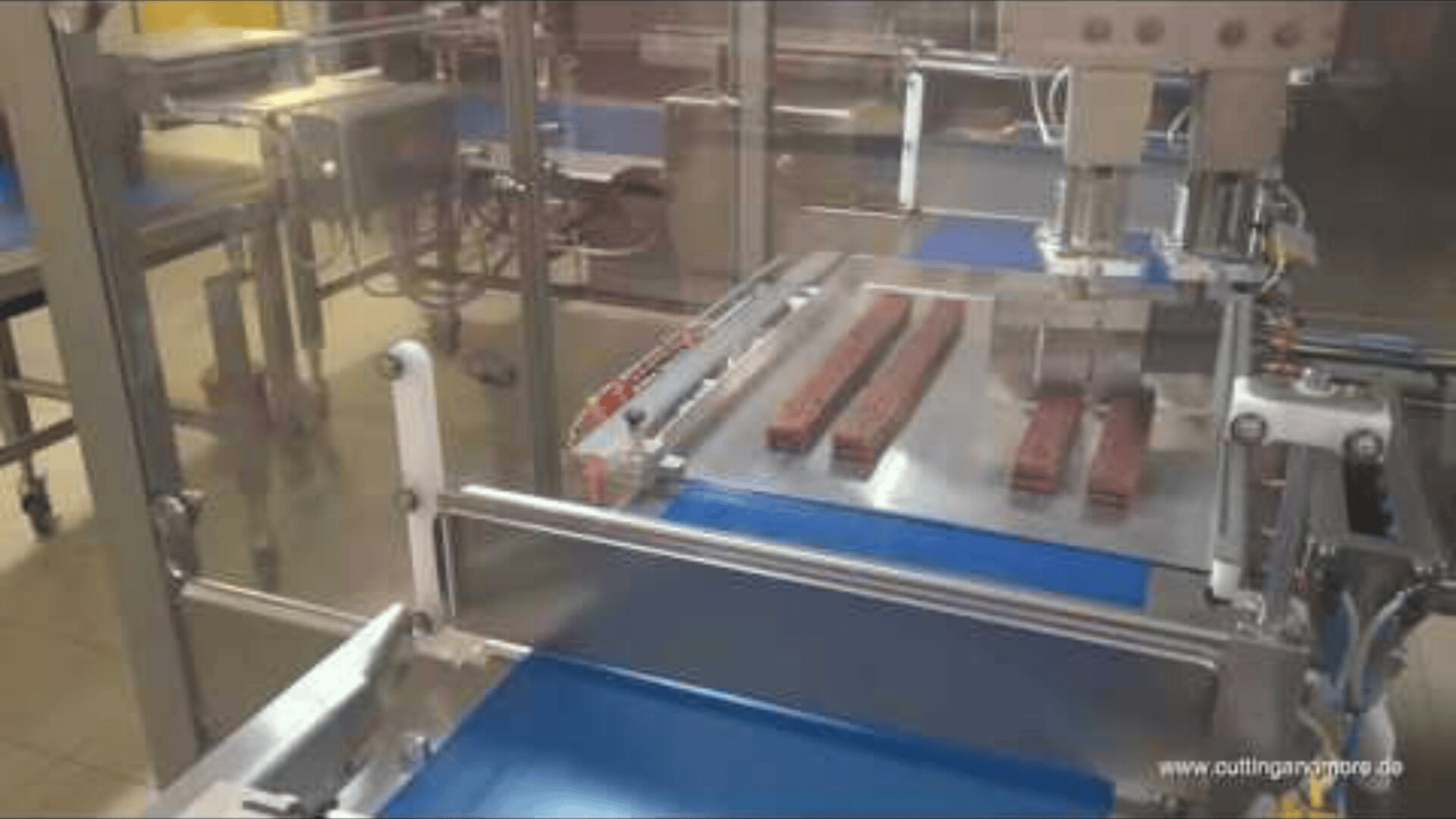A conveyor belt system with a machine slicing rectangular pieces of meat or food bars inside a food processing facility. The equipment is stainless steel, and the bars are aligned on a blue conveyor belt.