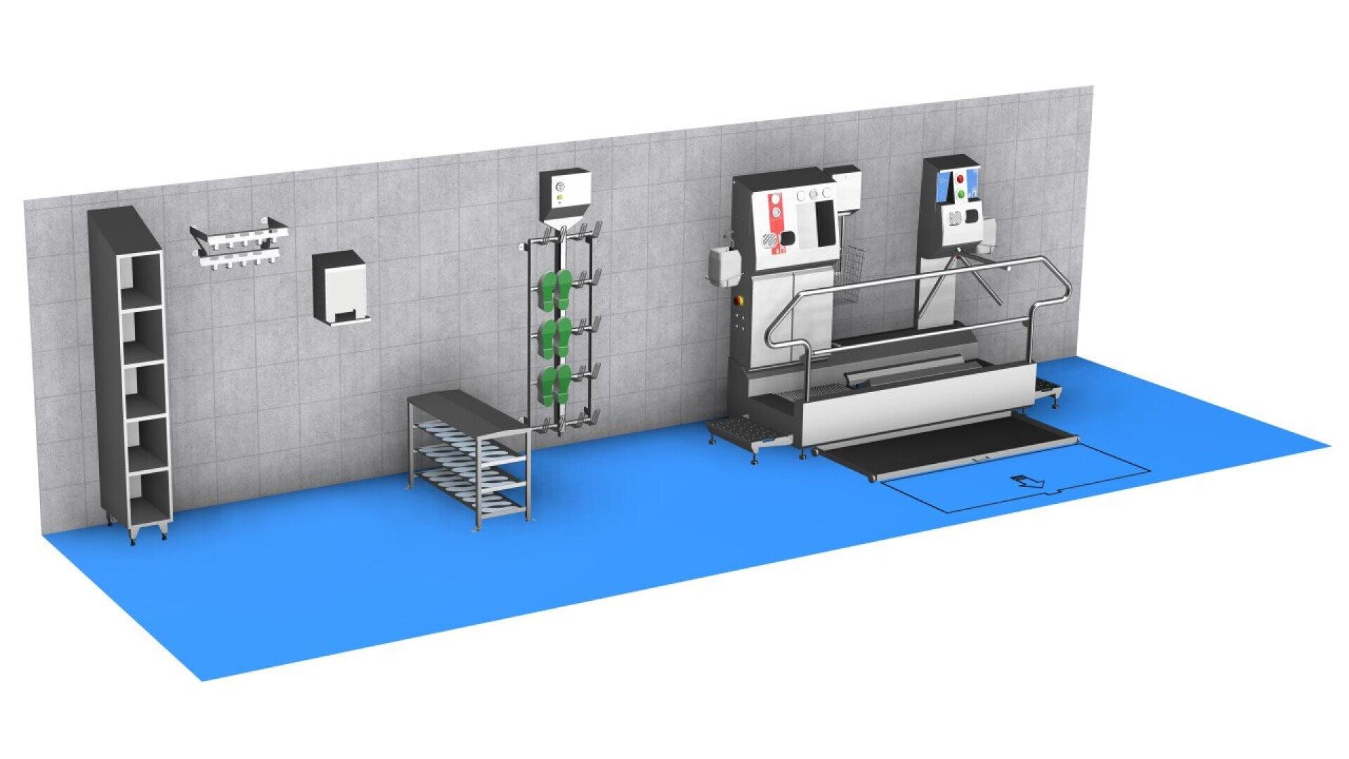 A 3D-rendered image of a hygienic wash station with shelves, a paper towel dispenser, hose reels, a hand wash sink, and a large boot washing machine on a blue floor, all against a tiled wall.