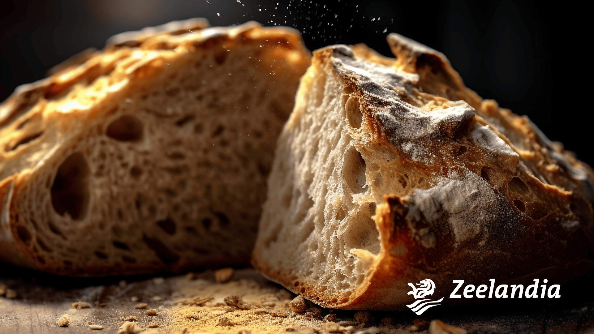 A close-up of rustic artisan bread with a crisp, golden crust and airy crumb, resting on a wooden surface. The Zeelandia logo appears in the lower right corner.