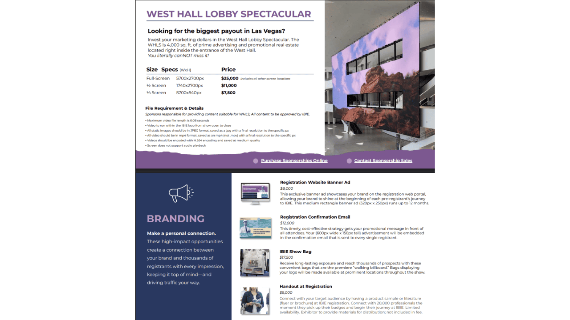 Ein digitales Faltblatt wirbt für das West Hall Lobby Spectacular in Las Vegas. Er zeigt ein großes Wanddisplay, Details zu Preisen und technischen Daten, Dateianforderungen, Branding-Optionen und Sponsoring-Möglichkeiten, mit lila und weißen Design-Akzenten.