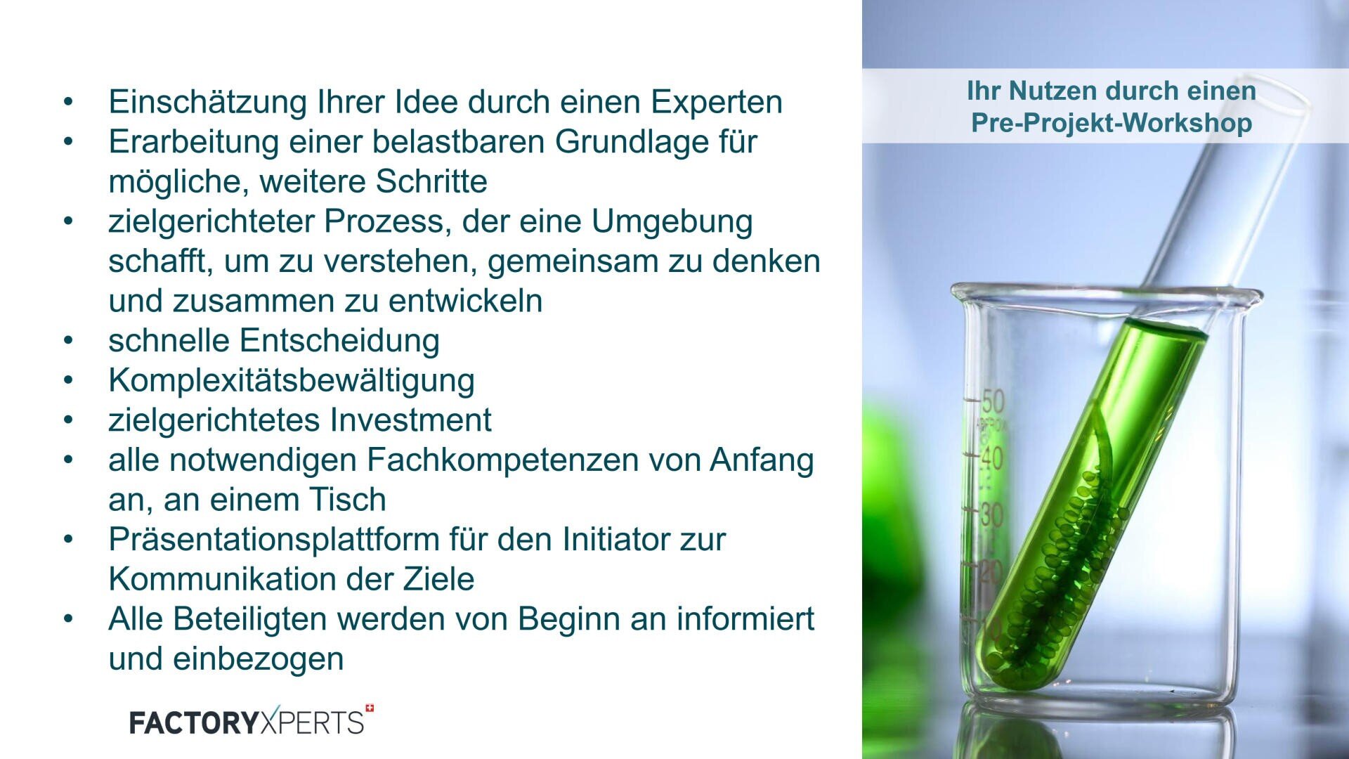 Auf der linken Seite ist eine Liste der Vorteile eines vorbereitenden Workshops in deutscher Sprache abgebildet. Rechts ist ein Foto von Laborglas, darunter ein Reagenzglas mit einer grünen Flüssigkeit, vor einem blauen Hintergrund zu sehen.