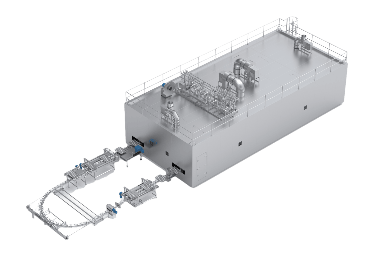 3D rendering of an industrial module with railings, machinery, and attached pipe systems leading to additional equipment platforms. The structure appears elevated and has technical components on top and sides.