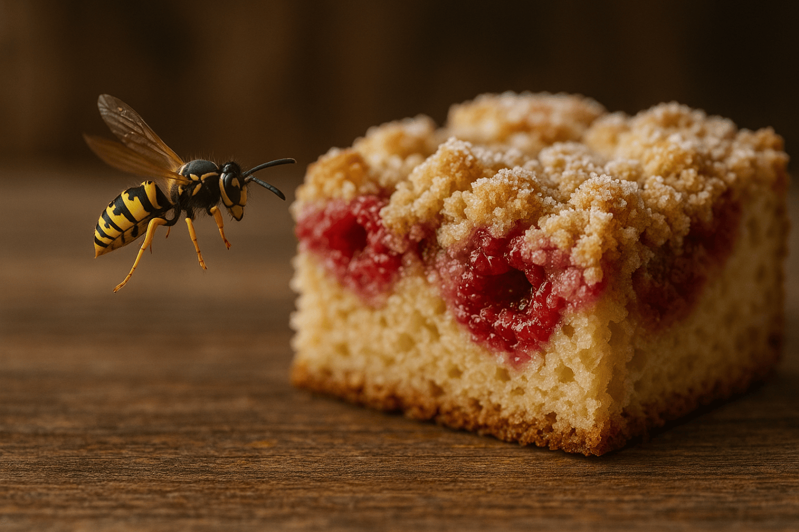 Eine gelbe Wespe schwebt über einem Stück krümeligen Kuchens mit sichtbarer roter Marmeladenfüllung, der auf einer Holzoberfläche mit unscharfem braunen Hintergrund liegt.