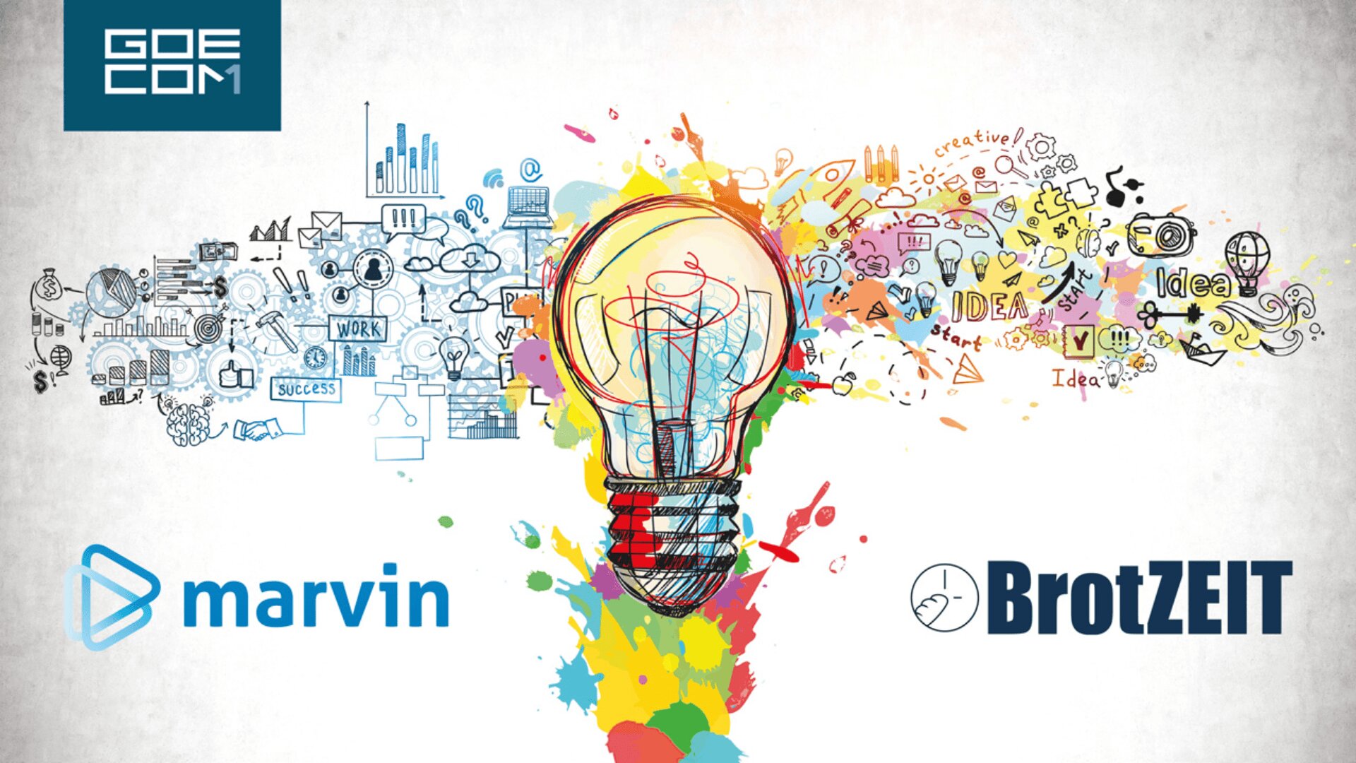 Bunte Illustration einer Glühbirne, umgeben von kreativen Kritzeleien und Symbolen, mit den Logos "marvin" und "BrotZEIT" auf beiden Seiten und dem GOECOM-Logo in der oberen linken Ecke.