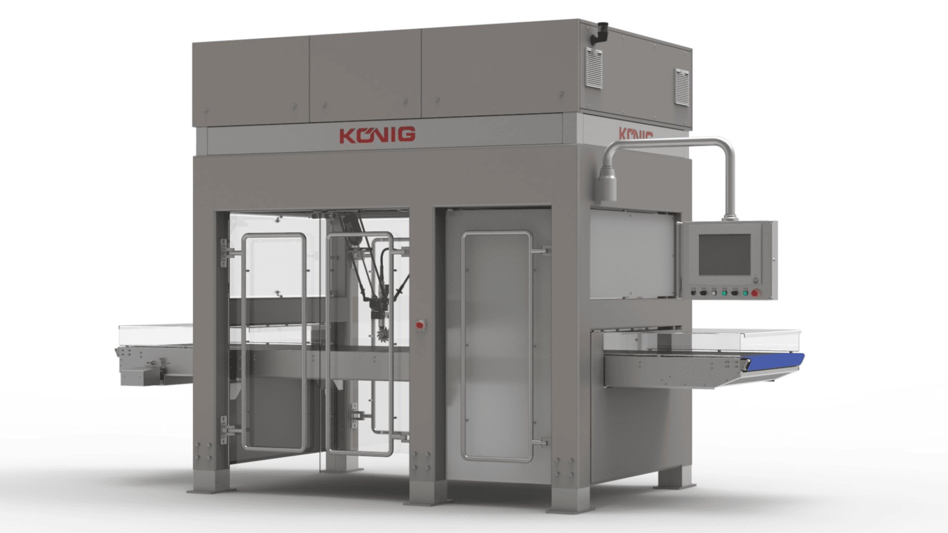Industrial bread making machine by König, featuring a large, boxy structure with glass doors, conveyor belts on both sides, and a control panel with a screen on the right. The machine has a grey and metallic finish.