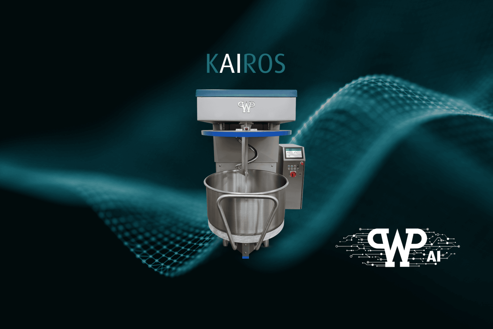 A commercial dough mixer labeled KAIROS and WP AI is centered on a dark background with teal digital wave patterns. An attached control panel is visible on the right side of the mixer.