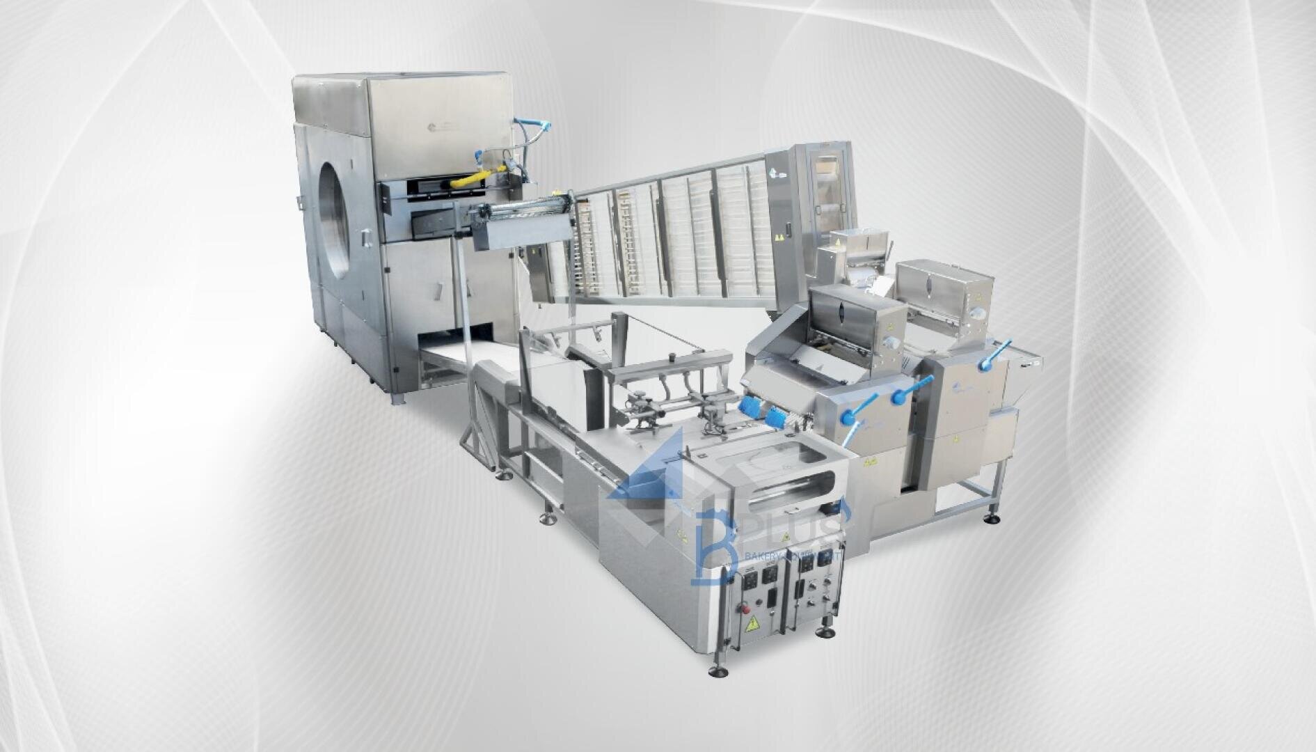 A large, industrial bakery machine with metal components, conveyors, trays, and compartments, designed for automated food processing against a white abstract background.