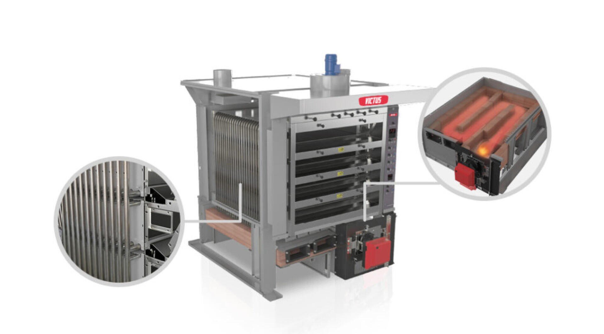 Industrial oven with a metallic frame, several interior racks, and close-up insets showing heating elements glowing red and vertical interior components, used for baking or drying processes.