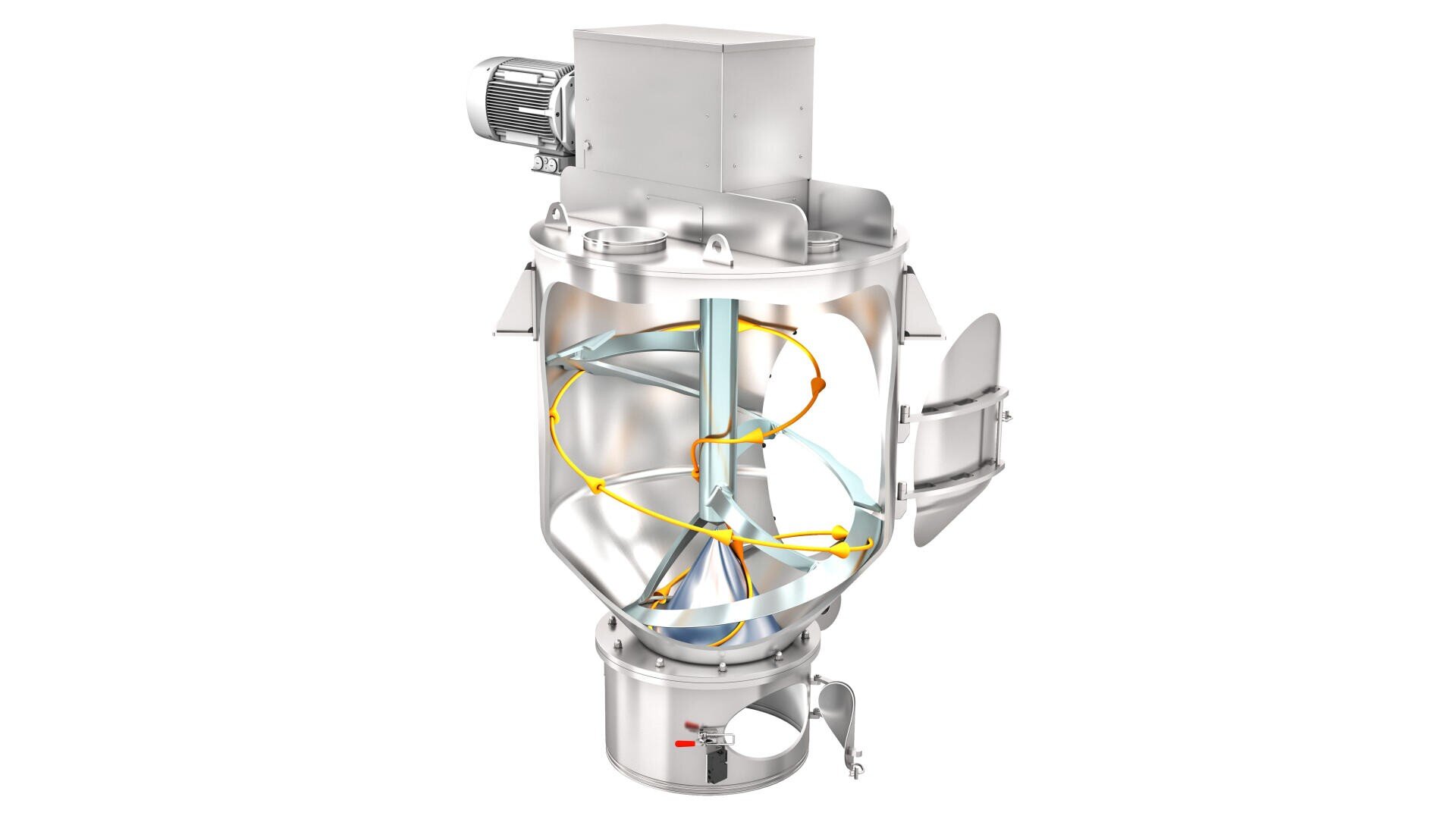 A 3D-rendered industrial mixer with a vertical cylindrical body, visible mixing blades, a motor on top, an open side access door, and various inlets and outlets for material flow.