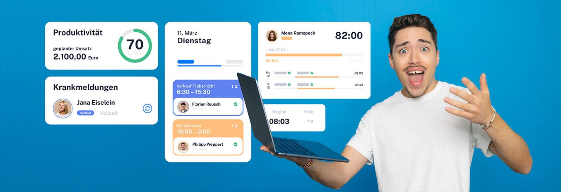 Ein überraschter Mann in einem weißen Hemd mit einem Laptop steht vor einem blauen Hintergrund mit schwebenden digitalen Armaturenbrettern, die Produktivitätsstatistiken, Arbeitspläne und Mitarbeiterberichte in deutscher Sprache zeigen.