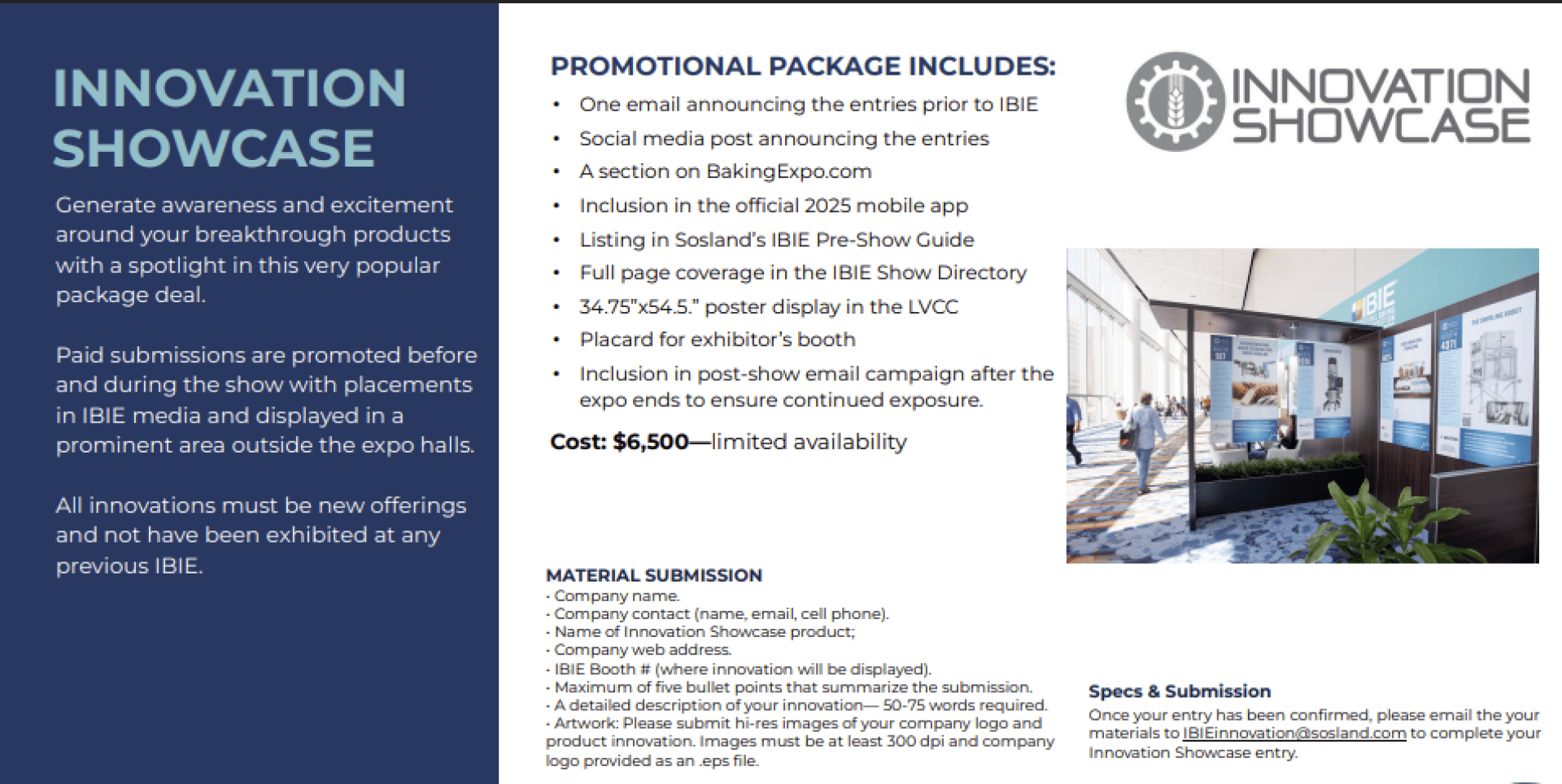 A promotional flyer for the Innovation Showcase at IBIE outlines package benefits, including email, social media, print exposure, and a booth poster, with a modern booth image and cost details. Deadline and submission specs are listed.
