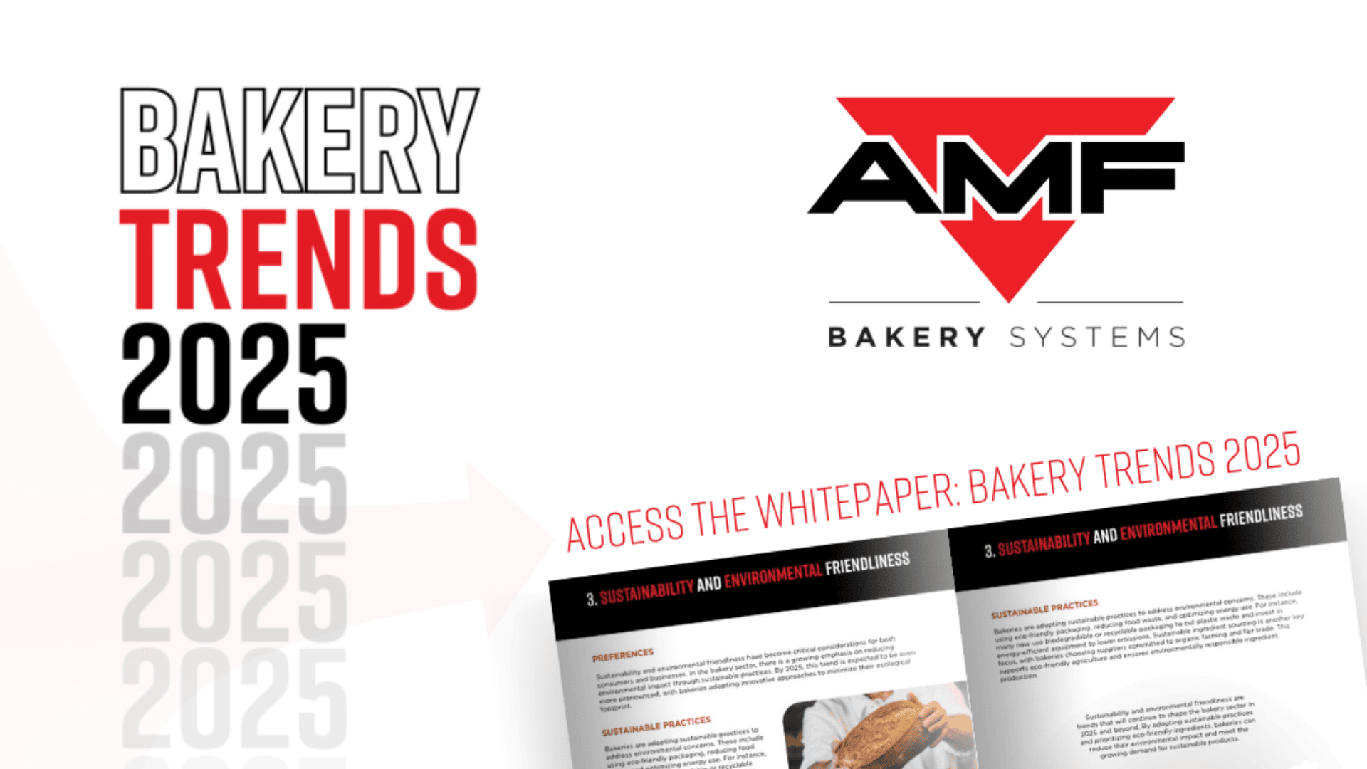 Logos von „Bäckereitrends 2025“ und AMF Bakery Systems mit einer Vorschau auf ein Whitepaper mit dem Titel „Bäckereitrends 2025“ mit Text und Bildern von Backwaren.