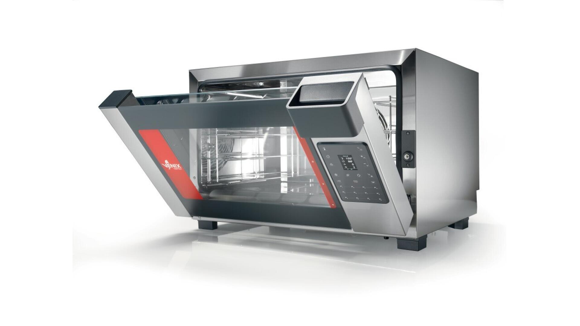 Ein moderner Arbeitsplattenofen aus Edelstahl mit teilweise geöffneter Glastür, digitalem Bedienfeld und Inneneinschüben, dargestellt auf weißem Hintergrund.