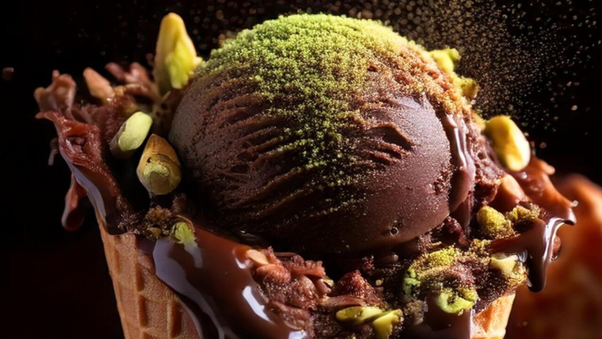 Nahaufnahme einer Kugel Schokoladeneis in einer Waffeltüte, garniert mit gehackten Pistazien, Schokoladensauce und einer Prise grünem Pulver. Der dunkle Hintergrund hebt die satten Farben und Texturen des Desserts hervor.