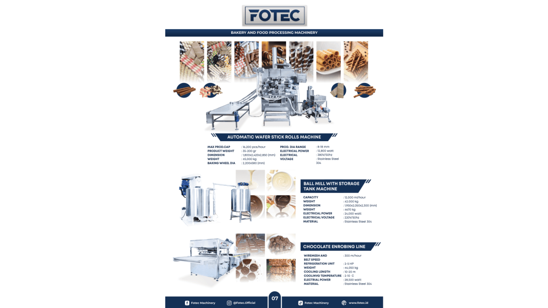 FOTEC bakery and food processing machinery flyer showing images and names of three machines: automatic wafer stick rolls machine, ball mill with storage tank, and chocolate enrobing line, with lists of features and contact info.