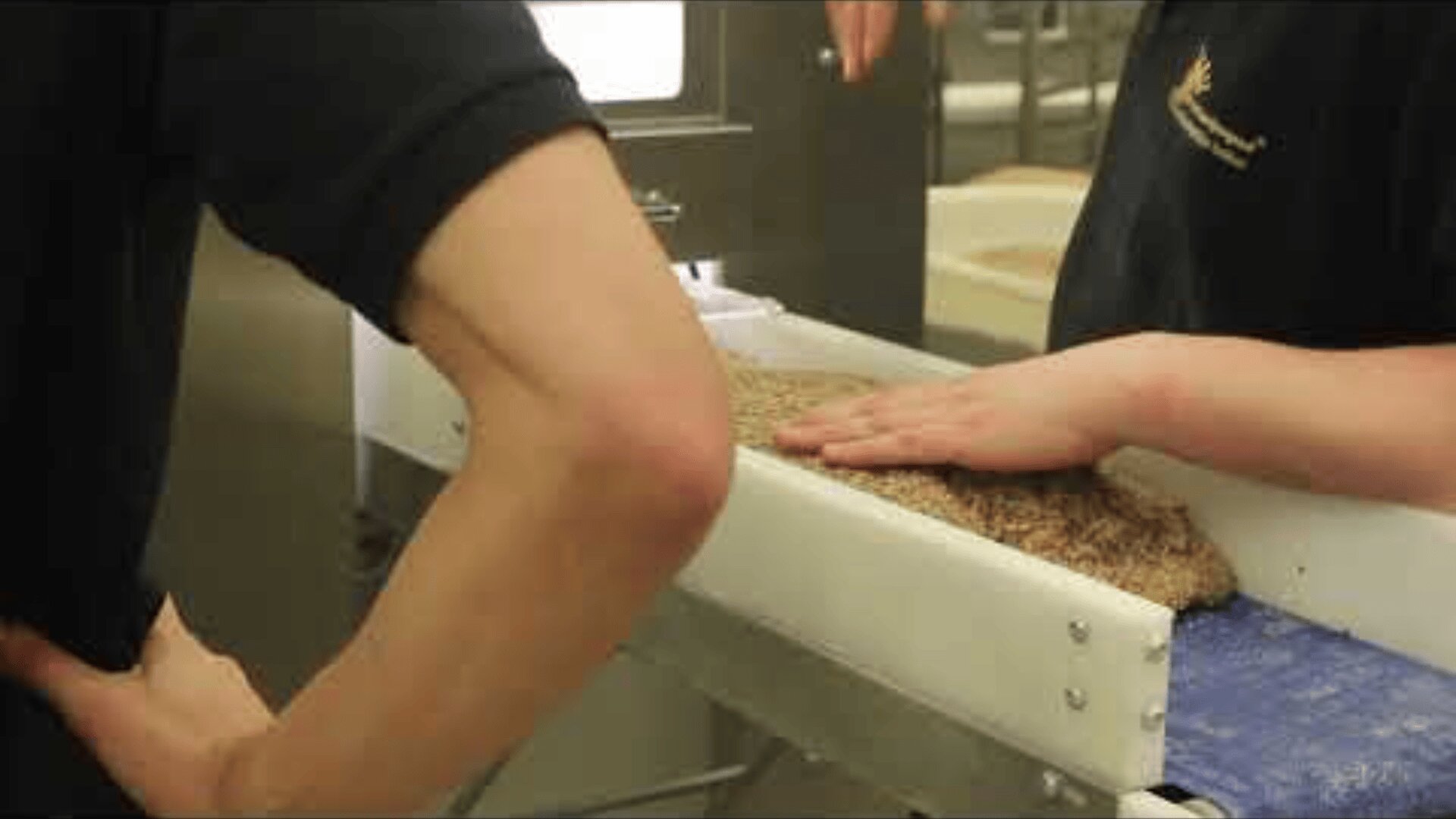 Two people stand next to a conveyor belt, with one person using their hand to flatten a large piece of dough or food mixture on the belt in an industrial kitchen or food processing setting.