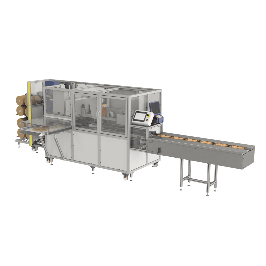 A commercial bread packaging machine with loaves of bread on a conveyor belt, control panel, transparent protective panels, and rolls of packaging material on the side.