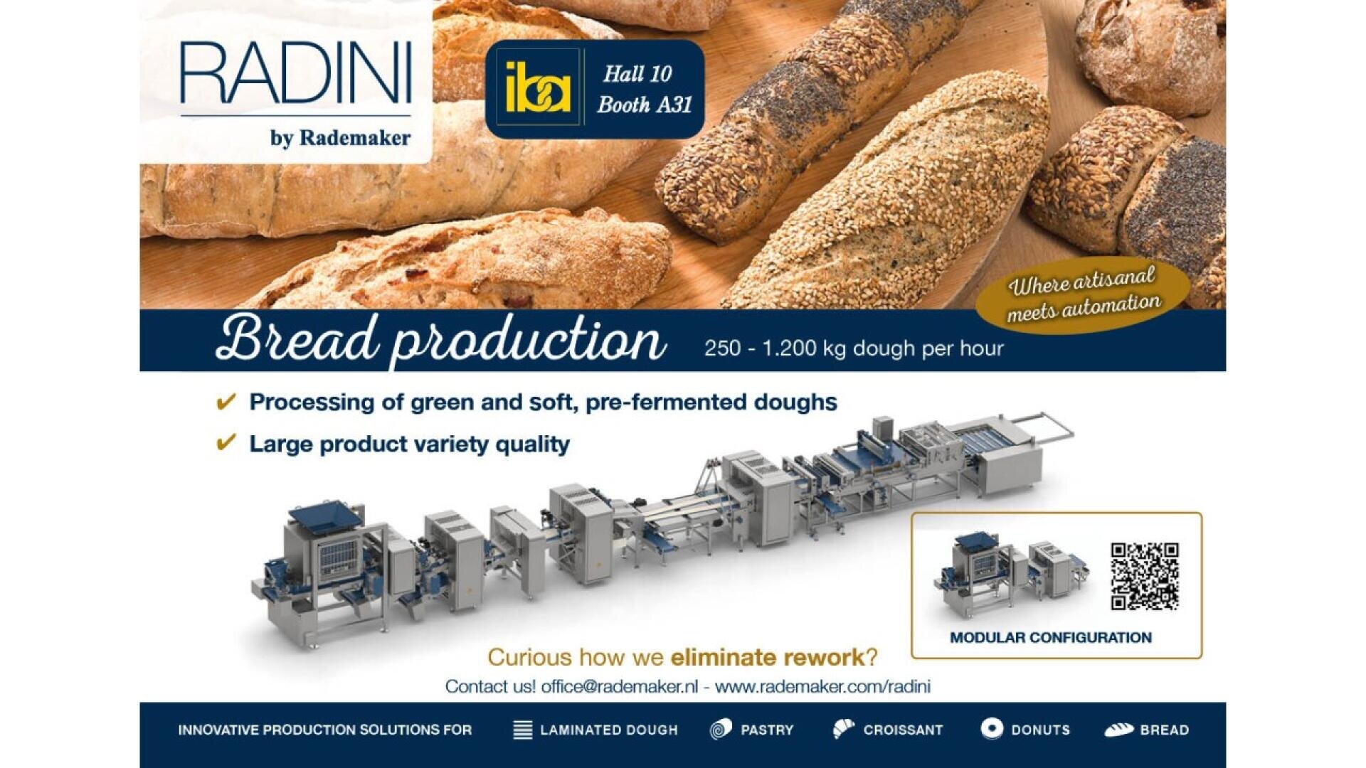 Werbung für RADINI-Brotproduktionsmaschinen, die verschiedene Brotlaibe über einem Bild einer industriellen Brotproduktionslinie zeigt. Der Text hebt die Automatisierung, die Teigkapazität, die Produktvielfalt und die modulare Konfiguration hervor.