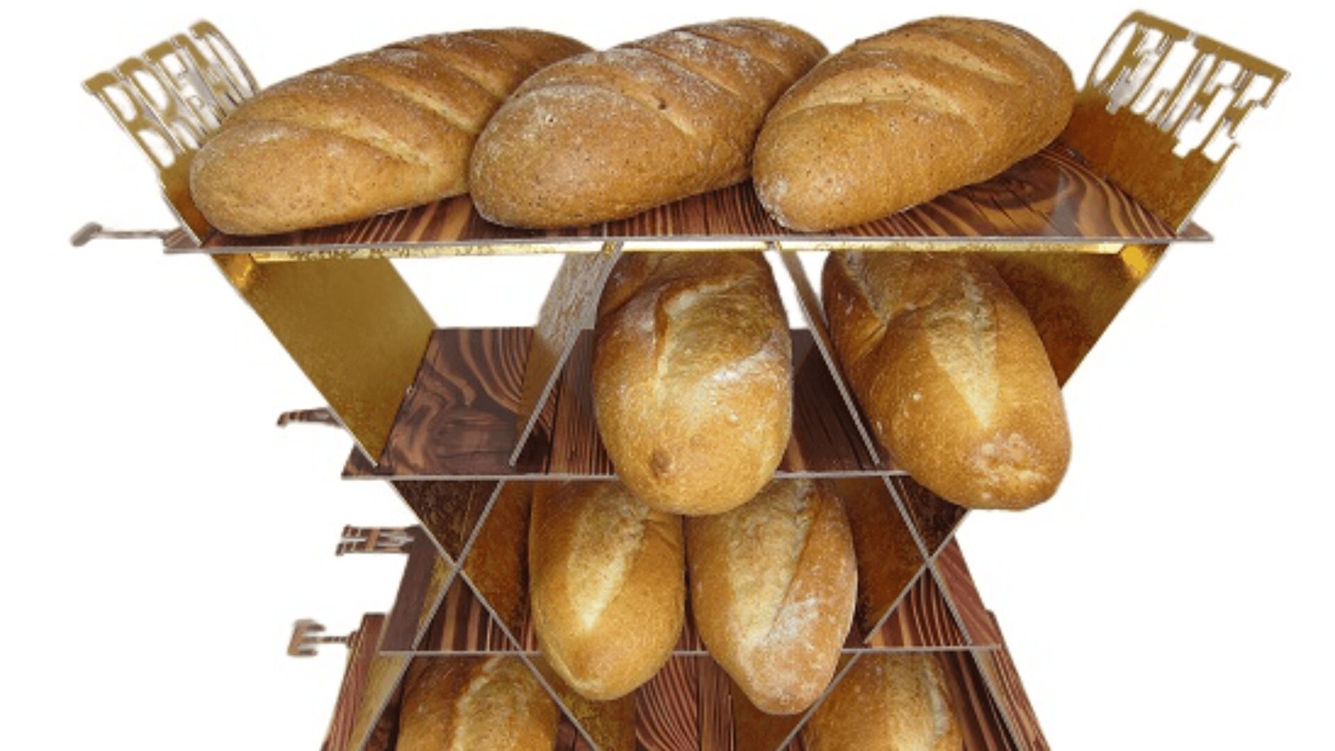 A wooden bakery shelf displays several loaves of fresh bread, with three loaves on the top row and six loaves on the lower rows. The shelf has decorative gold-colored side panels.