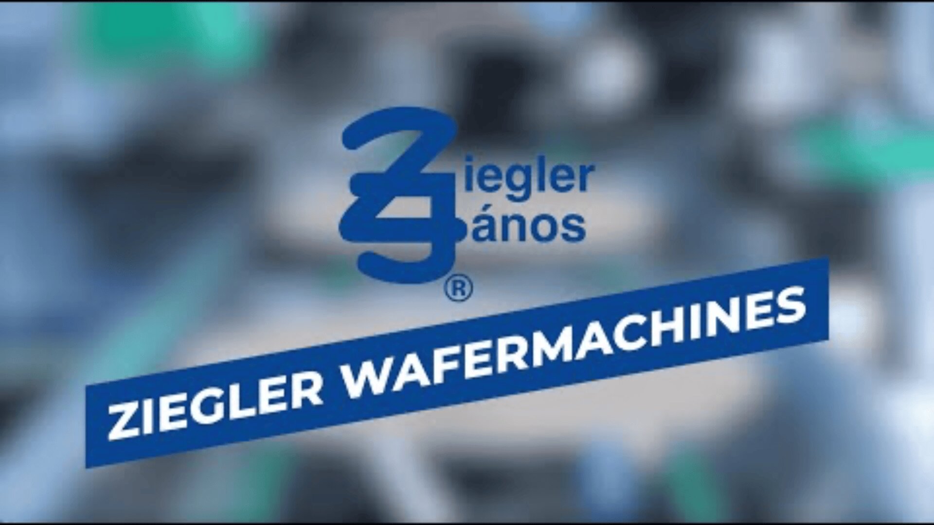 Logo for Ziegler János featuring stylized blue text and the words ZIEGLER WAFERMACHINES on a diagonal blue banner over a blurred background.